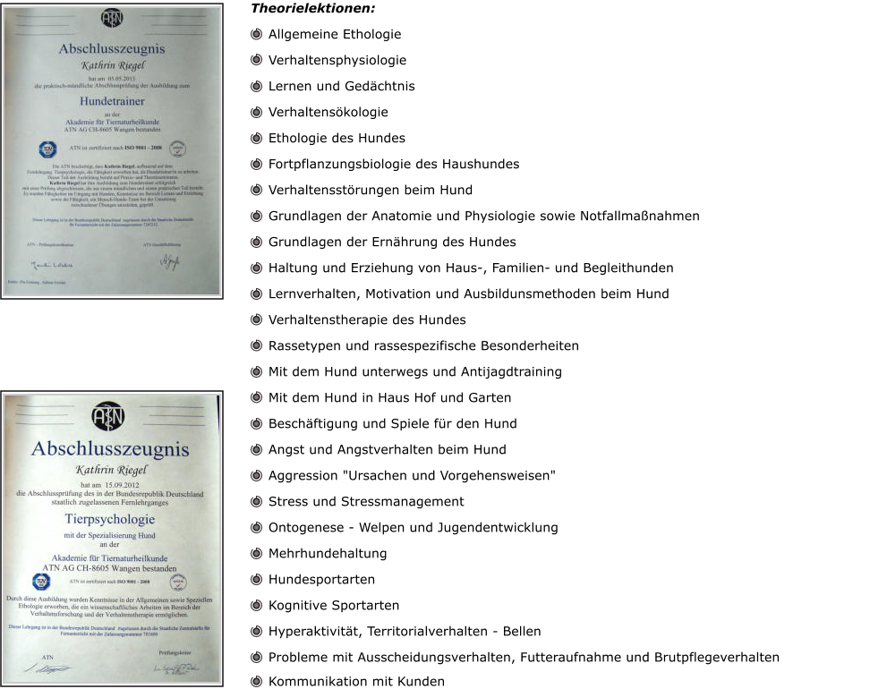 Theorielektionen:     Allgemeine Ethologie     Verhaltensphysiologie     Lernen und Ged�chtnis     Verhaltens�kologie     Ethologie des Hundes      Fortpflanzungsbiologie des Haushundes     Verhaltensst�rungen beim Hund     Grundlagen der Anatomie und Physiologie sowie Notfallma�nahmen     Grundlagen der Ern�hrung des Hundes     Haltung und Erziehung von Haus-, Familien- und Begleithunden     Lernverhalten, Motivation und Ausbildunsmethoden beim Hund     Verhaltenstherapie des Hundes     Rassetypen und rassespezifische Besonderheiten      Mit dem Hund unterwegs und Antijagdtraining      Mit dem Hund in Haus Hof und Garten      Besch�ftigung und Spiele f�r den Hund     Angst und Angstverhalten beim Hund      Aggression "Ursachen und Vorgehensweisen"     Stress und Stressmanagement      Ontogenese - Welpen und Jugendentwicklung     Mehrhundehaltung      Hundesportarten     Kognitive Sportarten     Hyperaktivit�t, Territorialverhalten - Bellen     Probleme mit Ausscheidungsverhalten, Futteraufnahme und Brutpflegeverhalten     Kommunikation mit Kunden